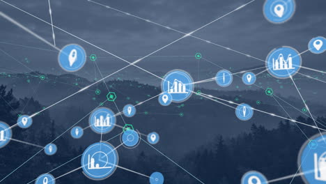 Animation-of-network-of-connections-with-media-icons-over-landscape