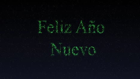 animación de felicitaciones de feliz año nuevo en letras verdes brillantes y fuegos artificiales