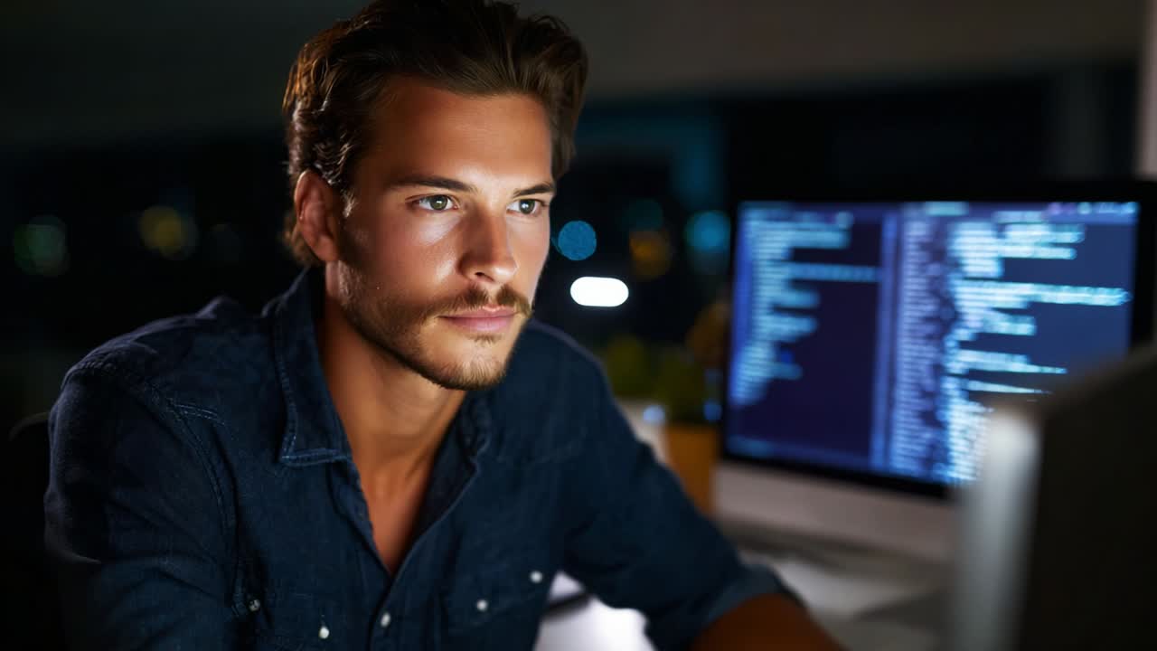 Focused Programmer Engaged in Coding During Nighttime, Surrounded by Technology While Working on Computer, Demonstrating Concentration and Passion for Software Development in a Modern Workspace
