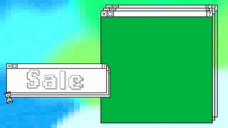 Animation of computer screen windows and sale text on colorful background