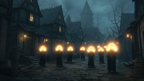mysterious gathering in a shadowy village: cloaked figures illuminate the night with radiant light in a spooky, atmospheric setting