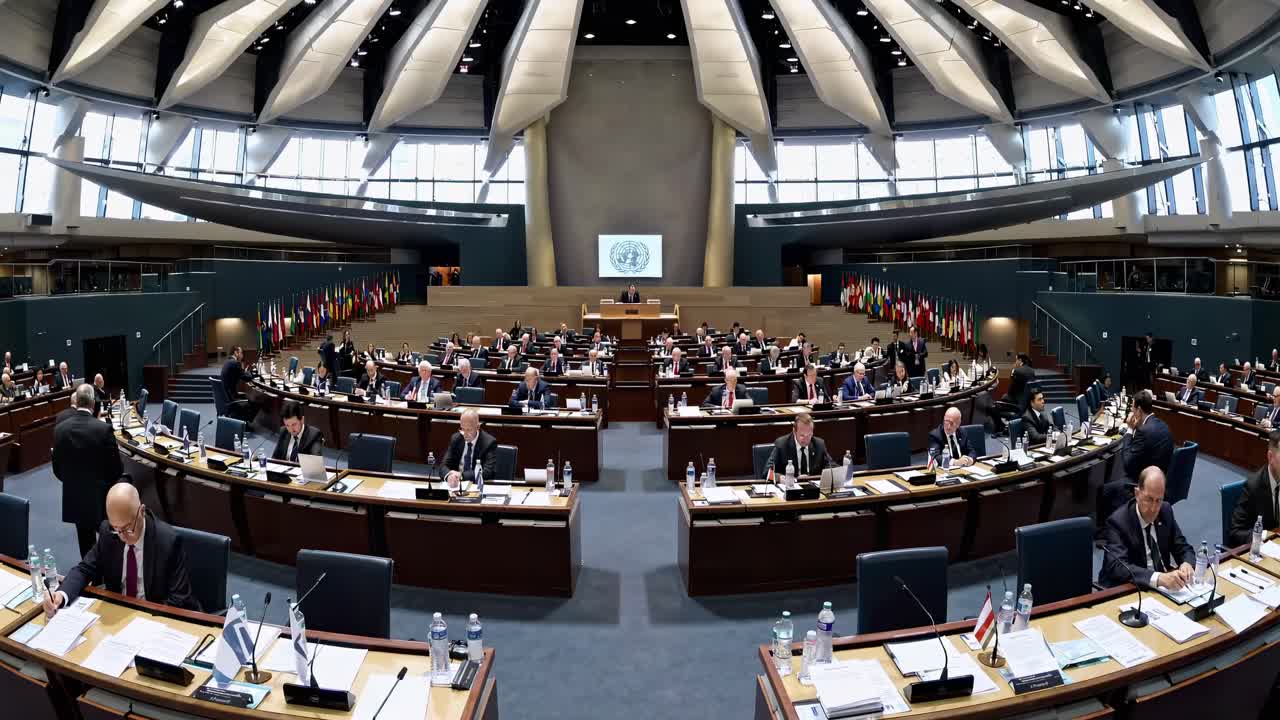 Ripresa grandangolare di una moderna sala conferenze con delegati seduti disposti in modo circolare.