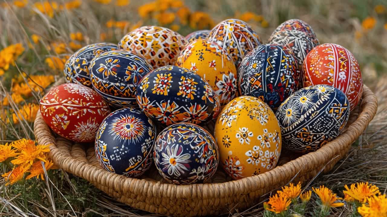 Una vivace collezione di uova decorative dipinte a mano circondate da rigogliosi fiori selvatici in un ambiente naturale all'aperto.