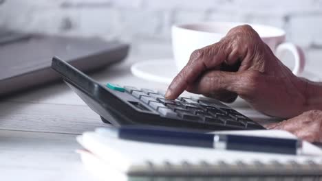 elderly person using a calculator