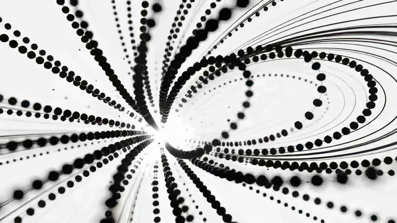 Radiating bright core sending bead strands across white void, black beads looping then scattering