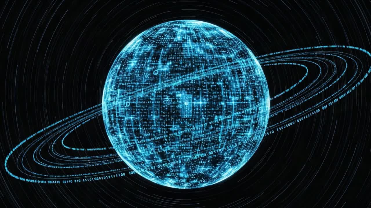 Futuristic Glowing Sphere Surrounded by Rings, Highlighting Digital Data Visualization and Cosmic Imagery in a Vibrant Blue Color Palette