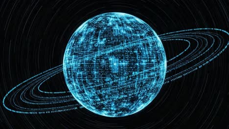 Futuristic Glowing Sphere Surrounded by Rings, Highlighting Digital Data Visualization and Cosmic Imagery in a Vibrant Blue Color Palette