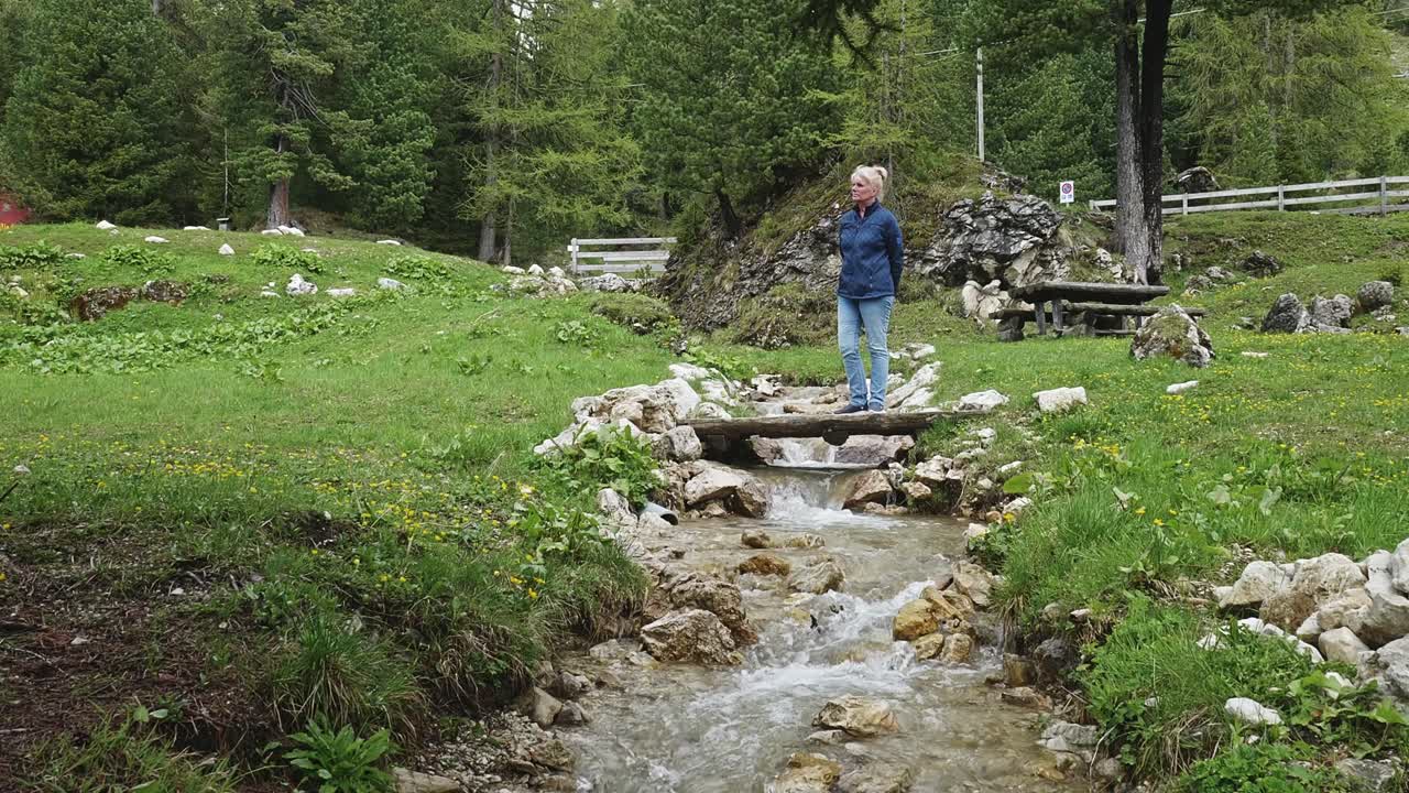 Female traveller stands on rustic stream bridge in scenic picnic spot