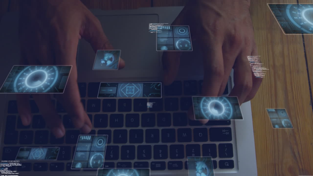 Animation of data processing and scopes scanning over woman using laptop