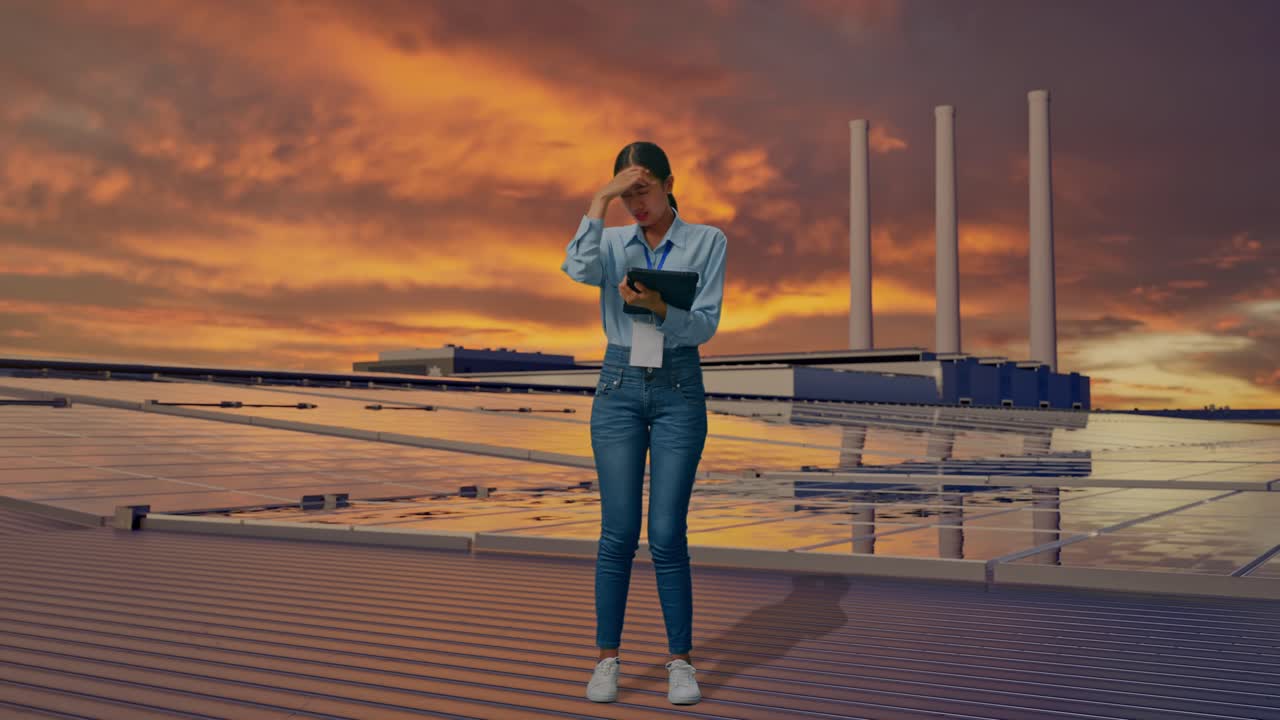 Cuerpo completo de mujer asiática con su tableta, inspeccionando paneles solares en la azotea al atardecer, escribiendo y decepcionada, asintiendo con la cabeza