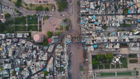 aerial drone shot of lucknow, capturing the iconic jama masjid and chota imambada with city streets.