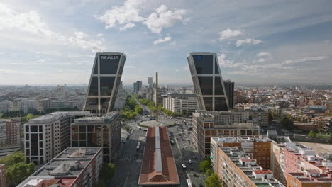 Un-Viaje-Aéreo-Sobre-El-Distrito-Financiero-De-Madrid-Muestra-El-Modernismo-Arquitectónico.