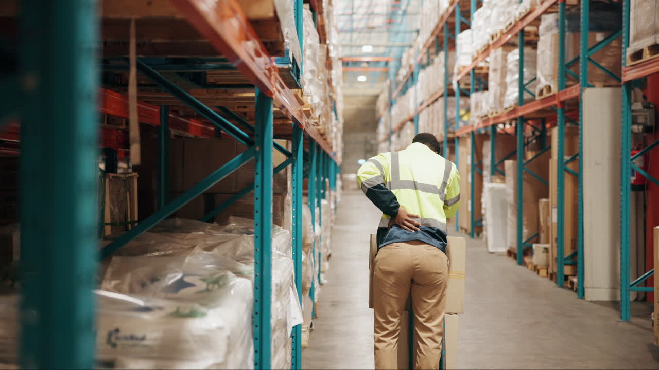 trabajador de almacén con dolor de espalda mientras lleva una caja