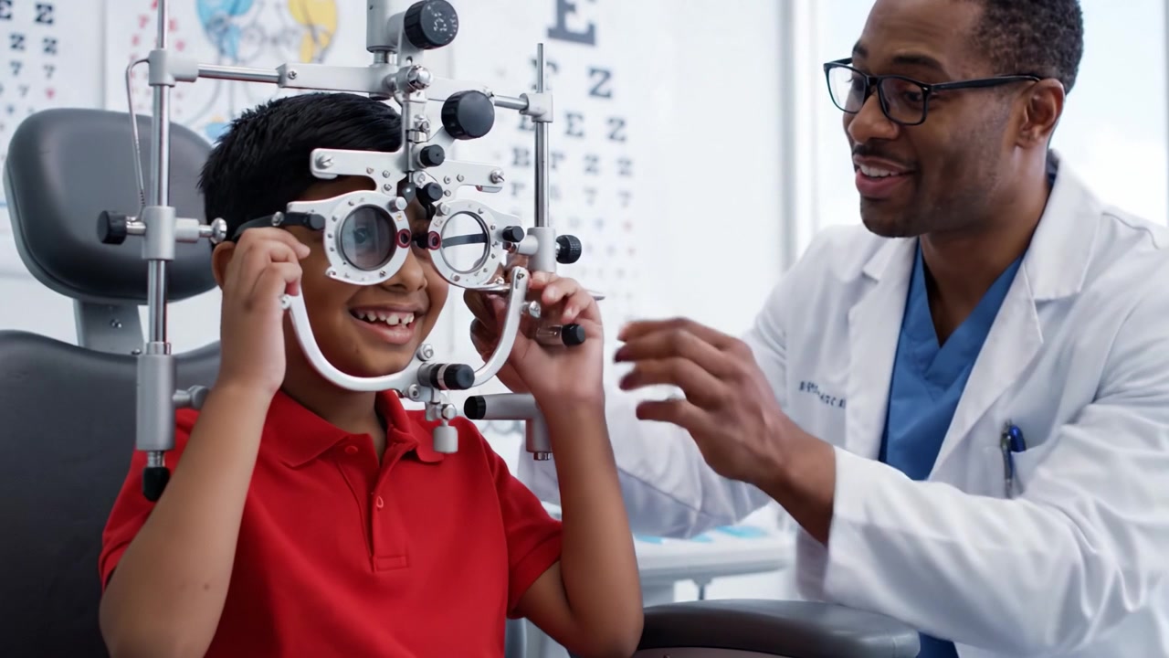 A joyful interaction between a young patient and an optometrist during a vision examination, showcasing the use of a phoropter for sight testing in a professional environment.