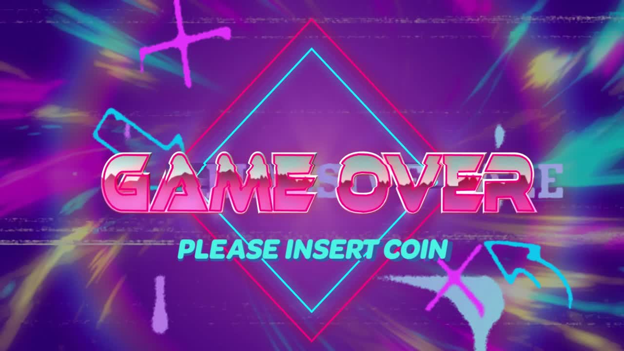 Glitch al neon che avvia un pannello scorrevole, rivelando "GAME OVER" e "Please Insert Coin" in un diamante pulsante.