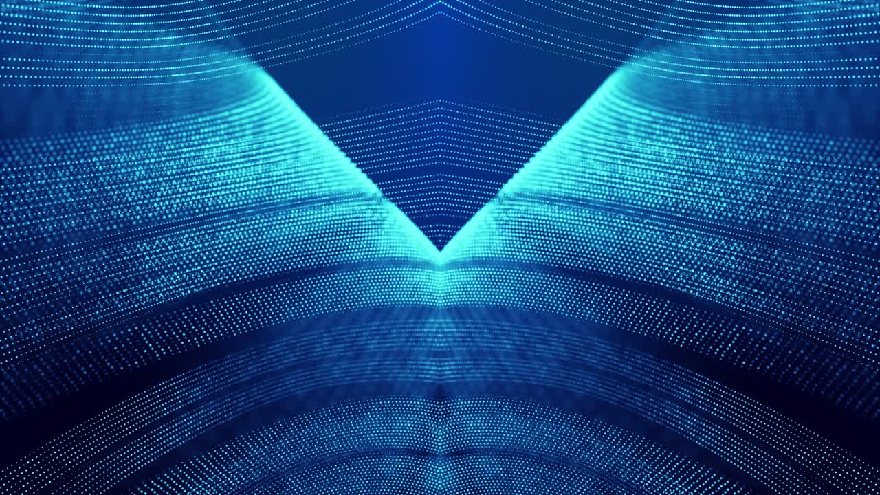 Sci-fi abstract theme with particle mirror waves. 4k looped abstract blue background of glow particles form curved lines, surfaces simmetrical structures. Digital bg with particle hologram.
