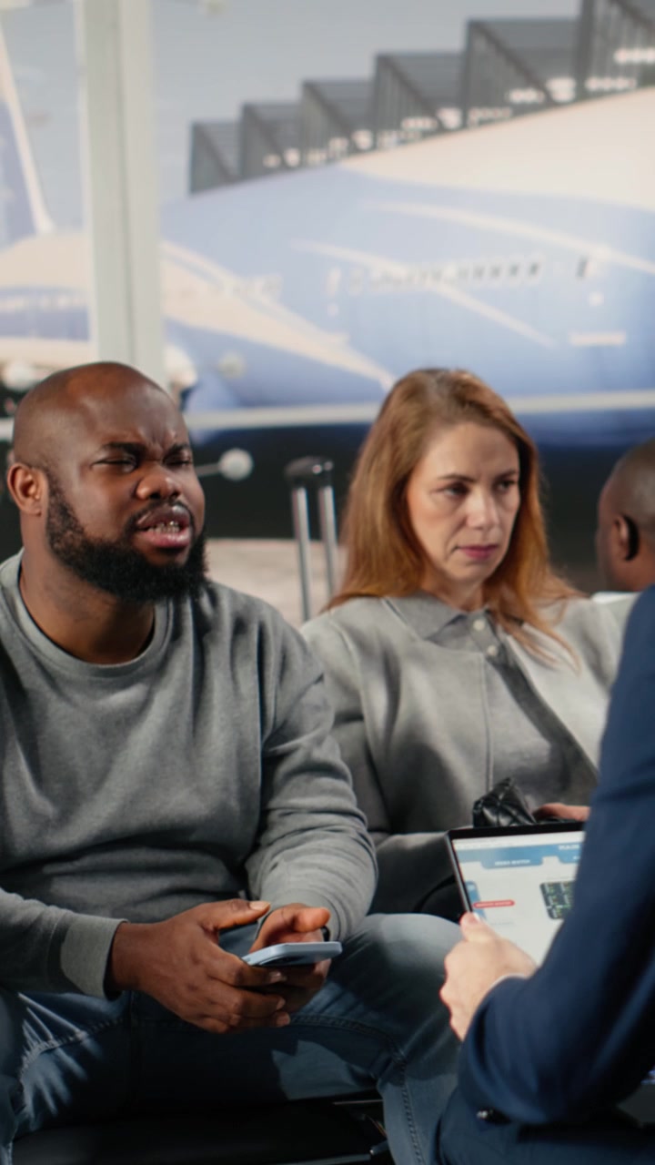 Diverse Passengers Waiting in Airport Terminal, Using Laptop and Phone