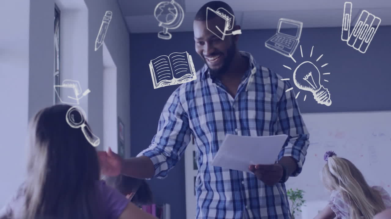 animación de objetos escolares iconos más feliz diverso maestro masculino con los estudiantes dando exámenes