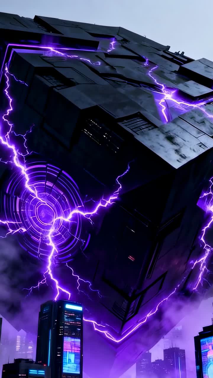 Vertical video: Activating glyph, massive black cube hovering above neon city, emitting purple arcs