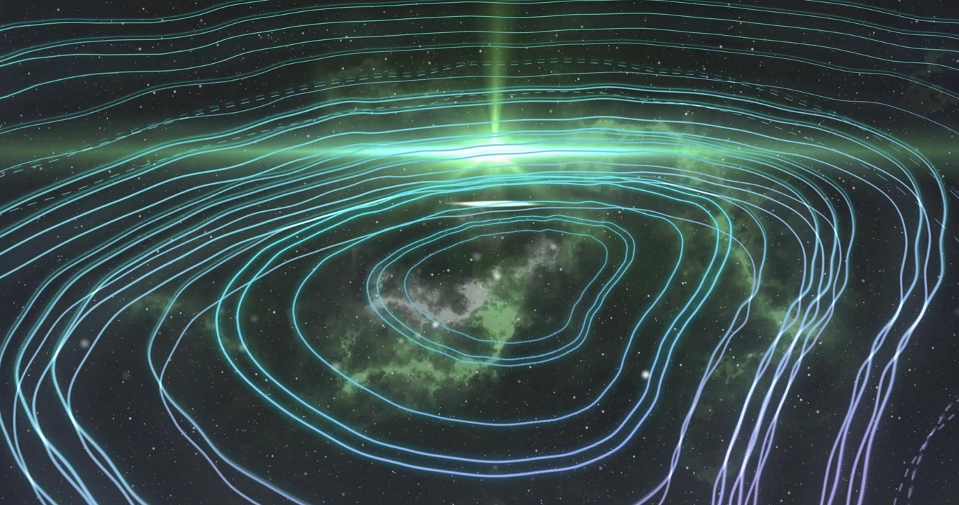 Cyan contour rings and nebula responding to green flare beam sweeping rings rippling showing energy