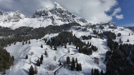 Dolly-Vorwärts-In-Richtung-Schneebedeckter-Alpiner-Berg-Mit-Immergrünen-Bäumen-Verstreut,-Skigebiet-Lage