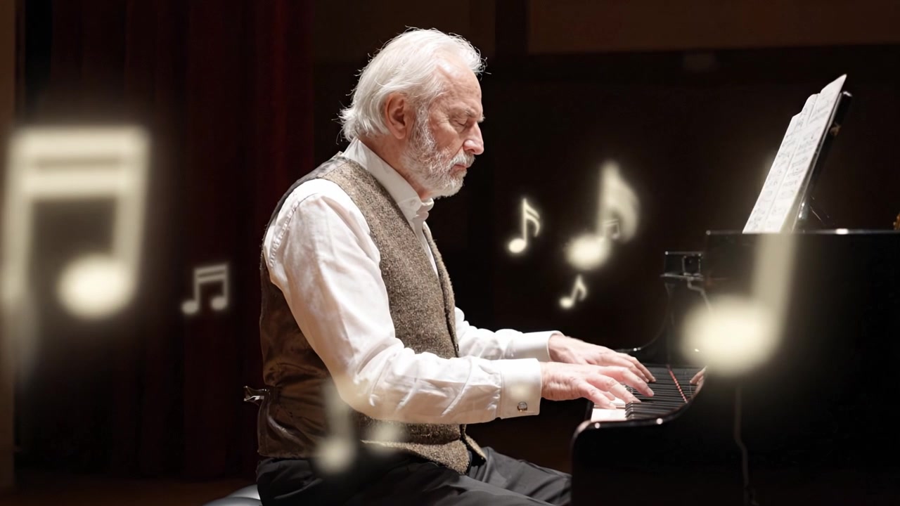 Un uomo anziano suona un pianoforte a coda in una stanza illuminata delicatamente, creando musica mentre note fluttuanti lo circondano, incarnando l'essenza dell'arte e della passione nell'esecuzione.