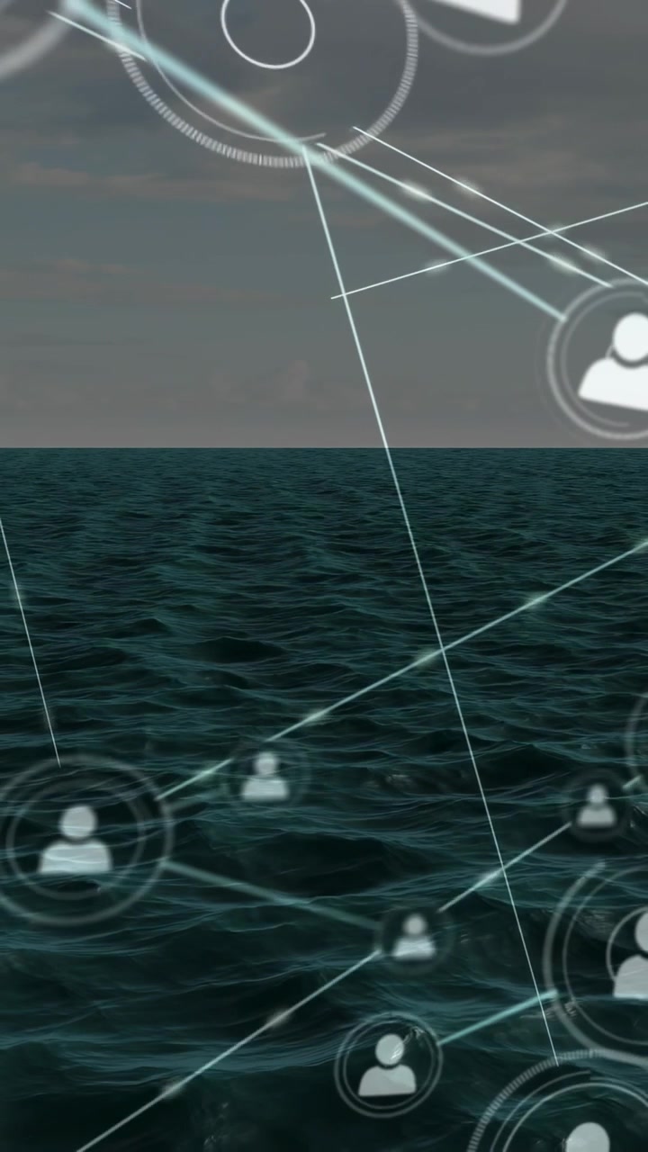 Video verticale: Scia luminosa che appare sopra il mare, nodi utente che emergono, collegando e mappando la rete