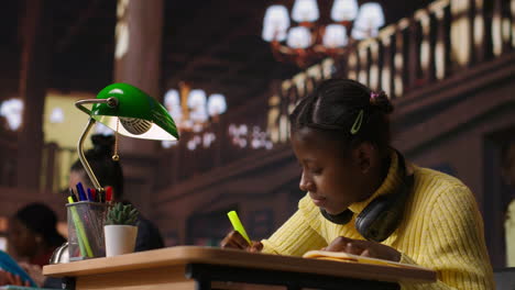 una muchacha estudiando en una biblioteca