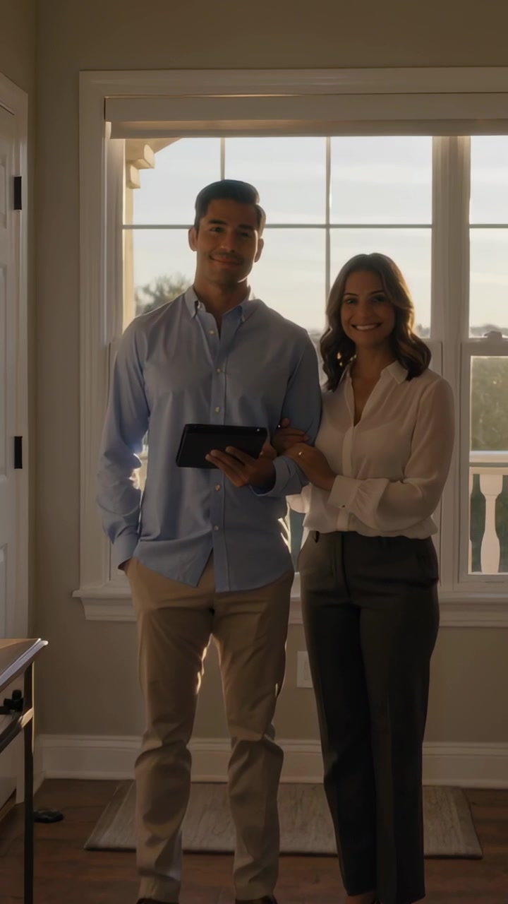 Vídeo vertical: Câmera dando zoom em casal inteligente usando tablet e de braços dados no corredor, visualizando a casa