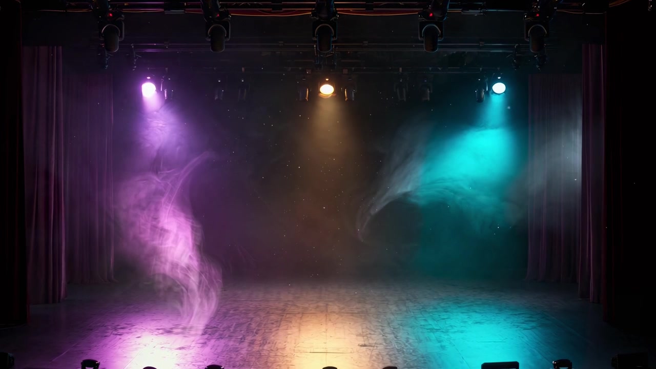 Empty Theater Stage With Colorful Spotlights and Atmospheric Smoke