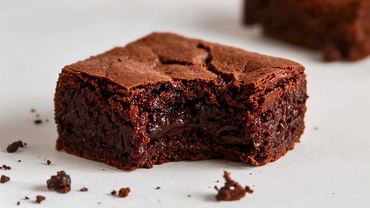 Etter fokusendring, zoomende kamera som nærmer seg, avslører en bit av en sjokoladebrownie på hvitt papir