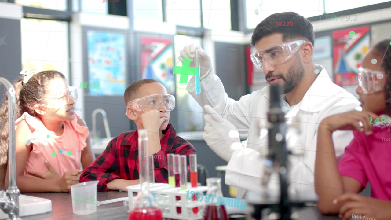 Science instructor rotating test tube, causing green plus overlay on blue liquid to teach students