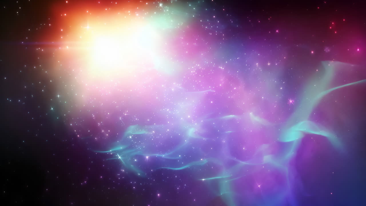 Animating colorful nebula and stars over cosmic background in space, copy space, looping , seamless