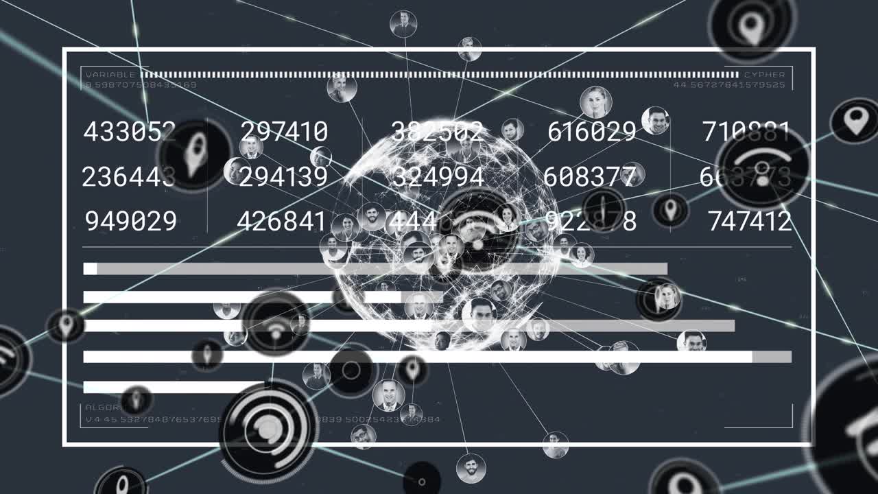 Animation of network of connections with icons over globe with data processing