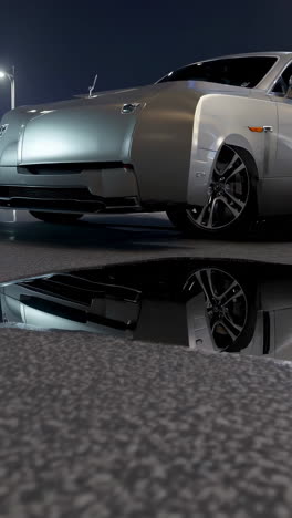 luxury car reflection in a puddle at night