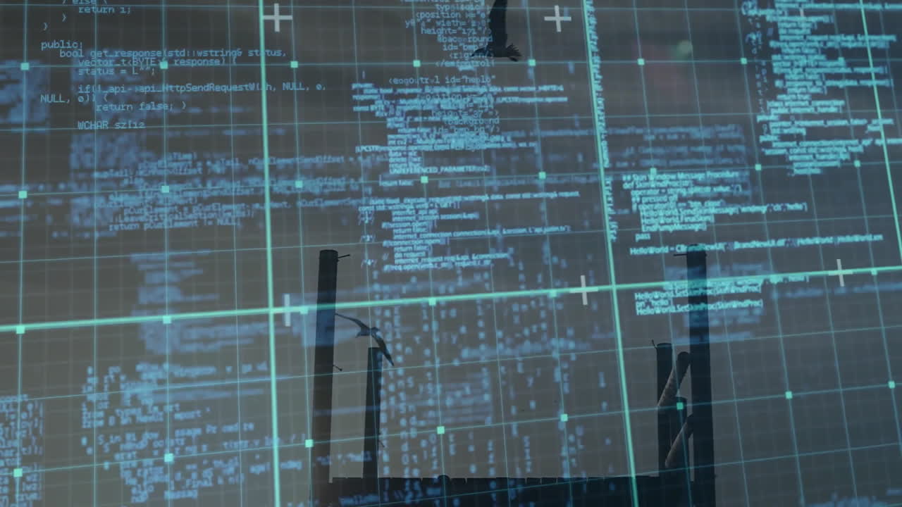 Glowing grid lines floating over code snippets intersecting metal pipes rising under dusky sky