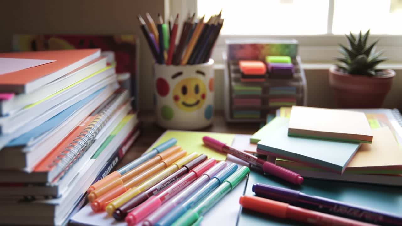 A Vibrant Workspace Filled with Colorful Stationery, Notebooks, Markers, and Sticky Notes Showcasing a Creative Environment for Productivity and Organization