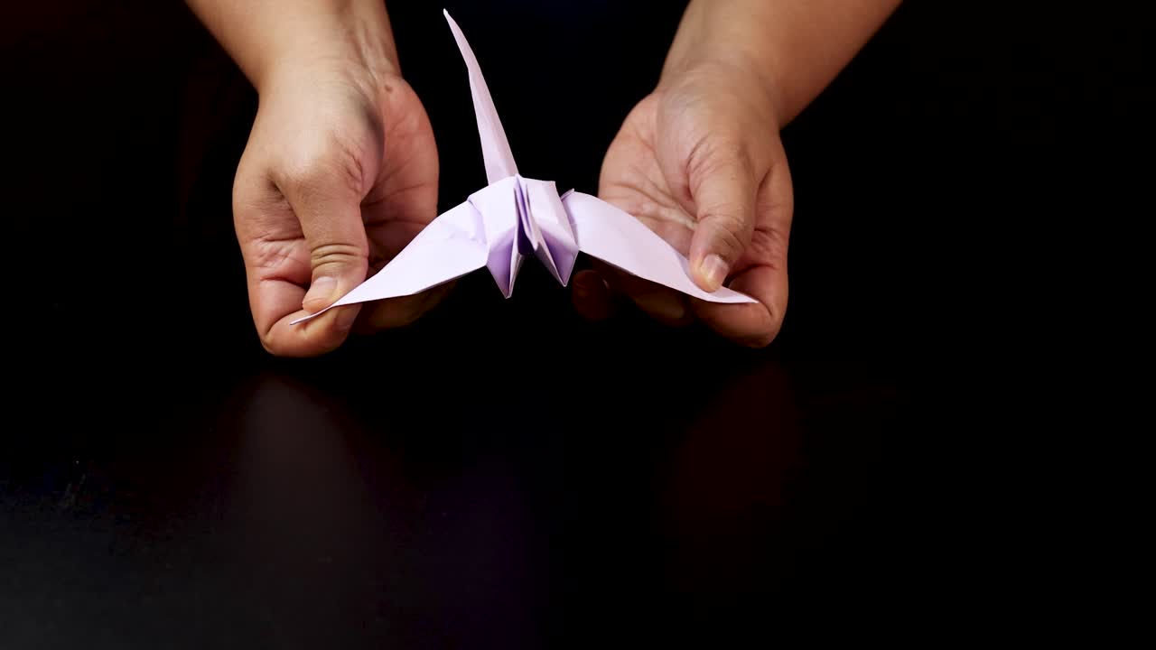 Adult hands carefully adjust and present a purple origami crane on a black background