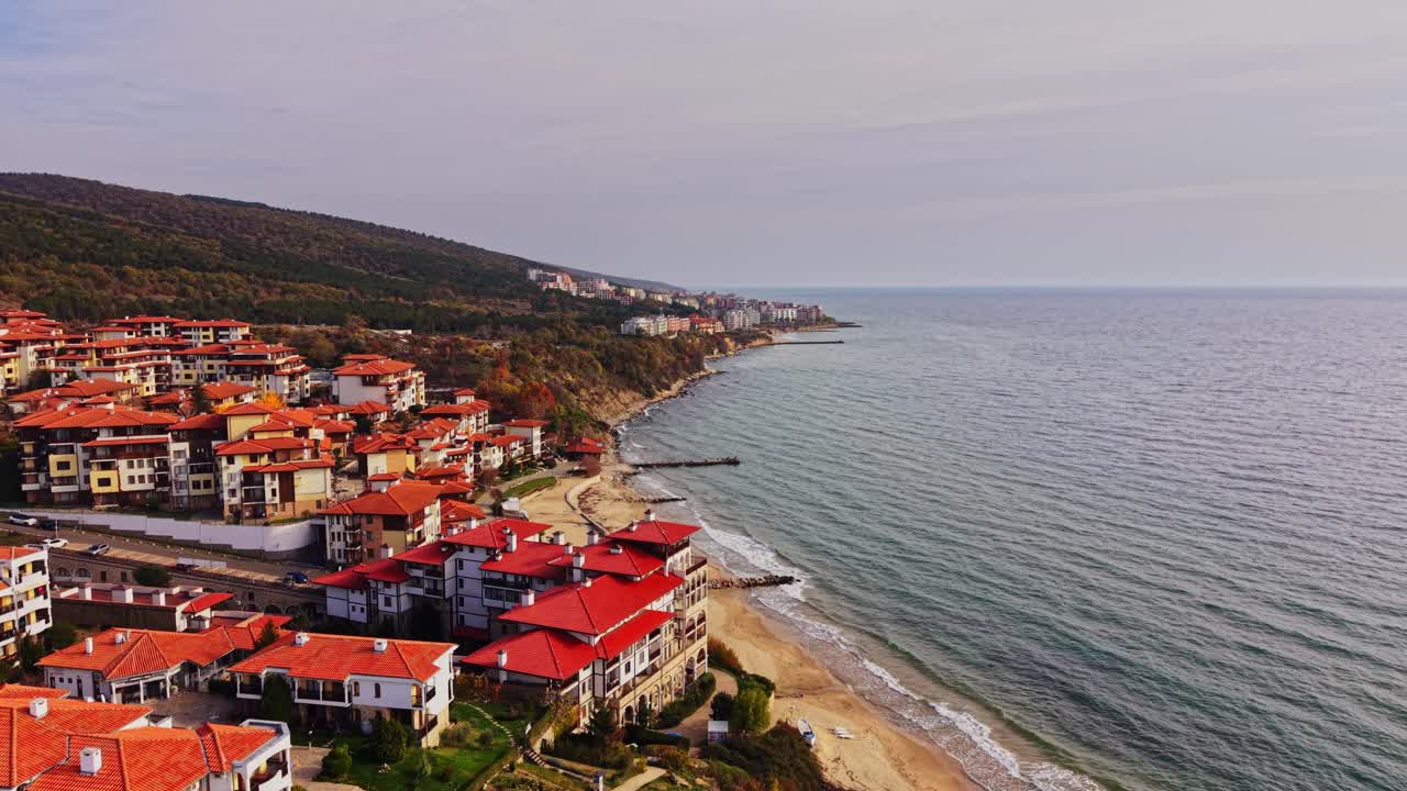 Coastal view of Burgas, Bulgaria with modern buildings and peaceful sea