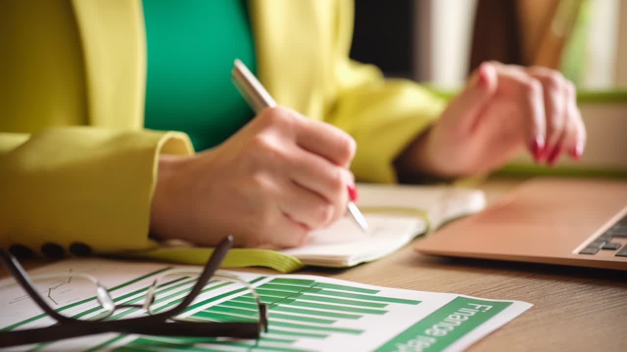 Marketer lavora con grafici finanziari e rapporto aziendale