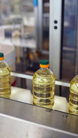 sunflower oil plant indoors. plastic bottles full of yellow oil moving on the conveyor line inside the modern factory background. vertical video