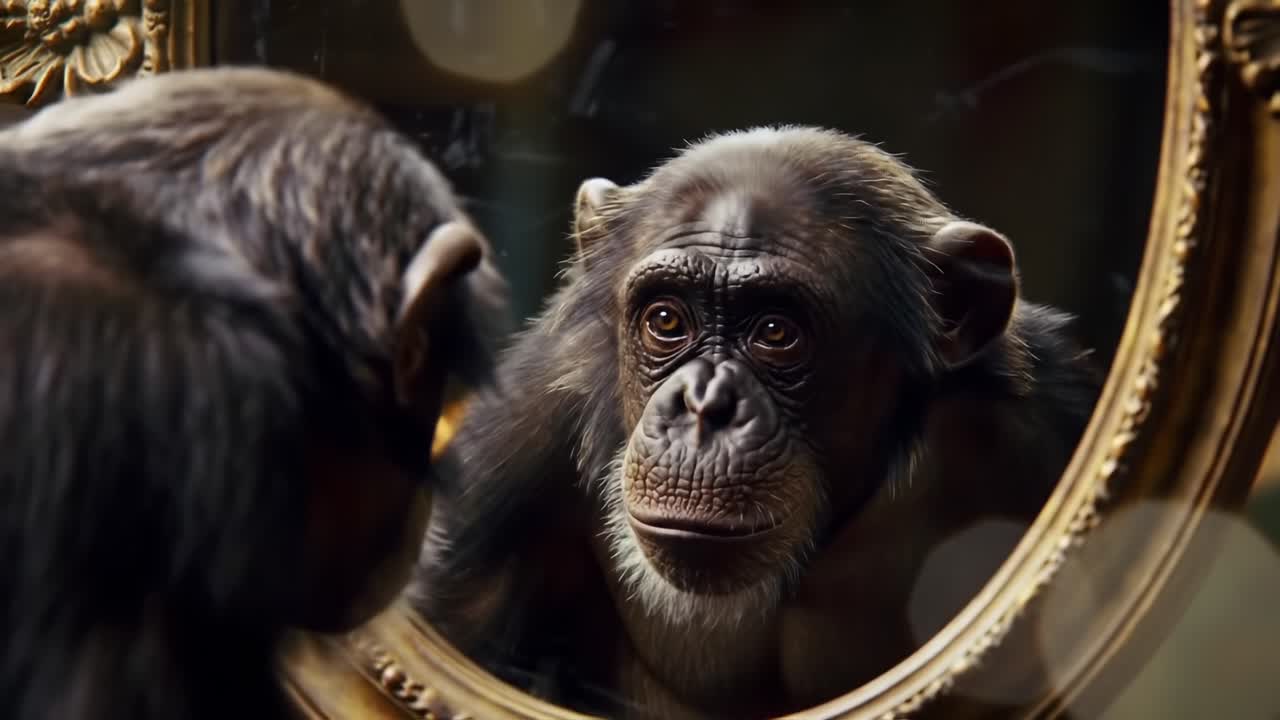 A Thoughtful Reflection: A Young Chimpanzee Gazes Into a Mirror, Introspecting Its Own Image in a Moment of Quiet Contemplation and Curiosity