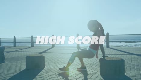 Animation-of-high-score-over-woman-exercising-outdoors-by-seaside