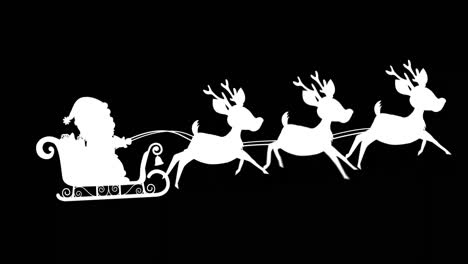 Digitale-Animation-Der-Silhouette-Des-Weihnachtsmanns-Im-Schlitten,-Der-Von-Rentieren-Vor-Schwarzem-Hintergrund-Gezogen-Wird