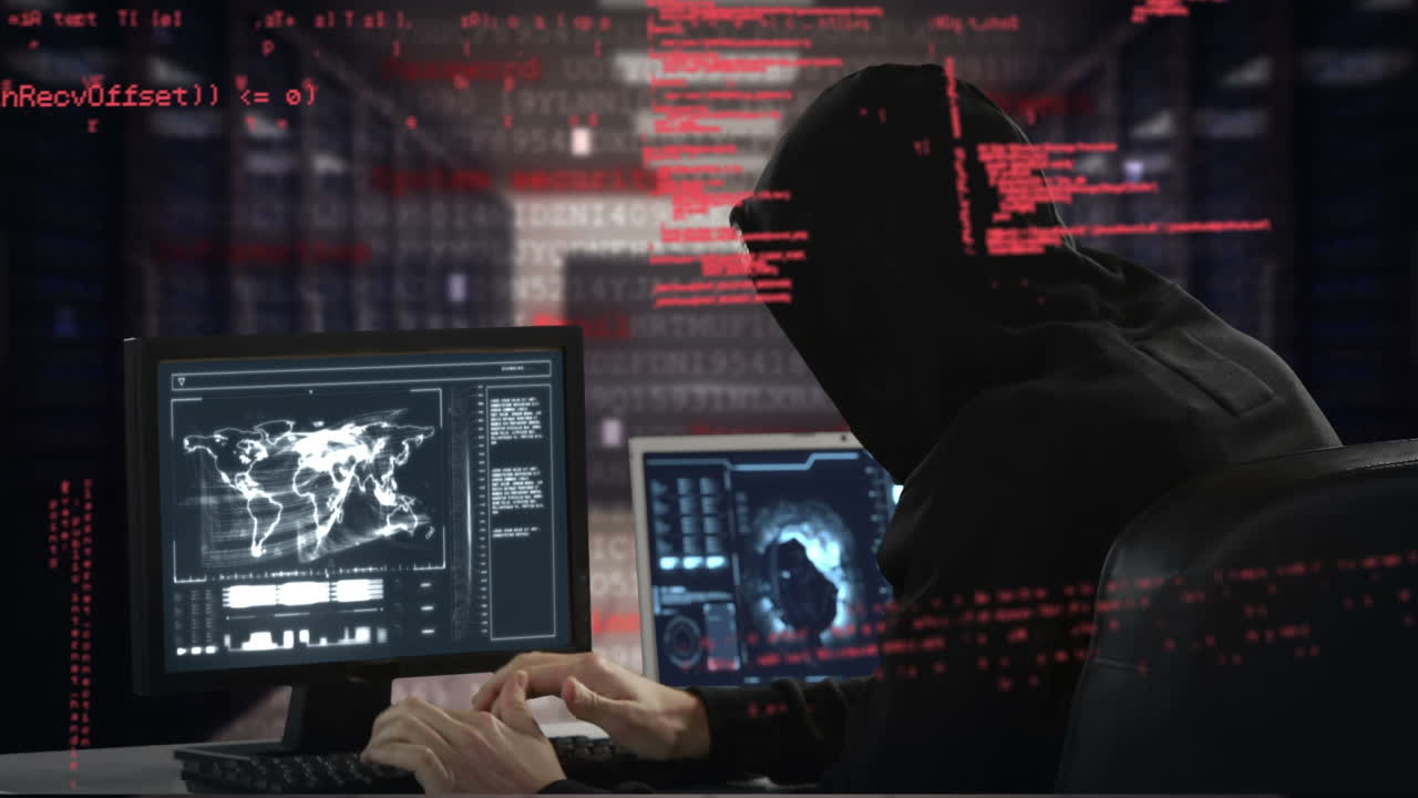 Animation of data processing over caucasian male hacker using laptop