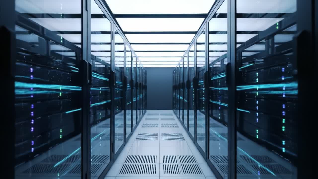 Explore a modern data center filled with row upon row of sleek servers. Bright lighting illuminates cutting-edge technology and efficient layout designed for optimal performance.