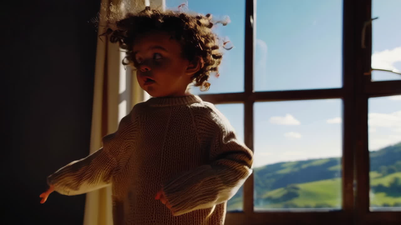 Child looking out a window at a scenic view