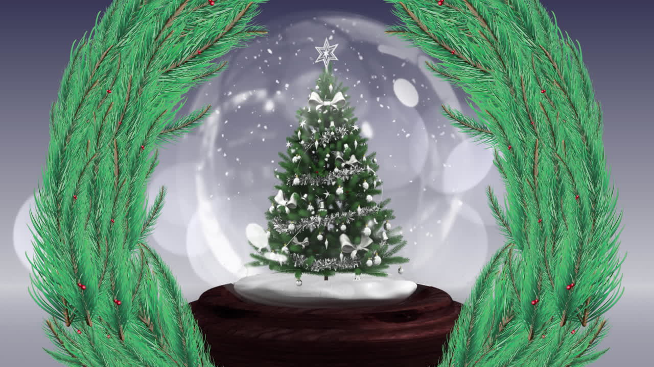 Animation of snow falling over christmas decoration with fir tree wreath