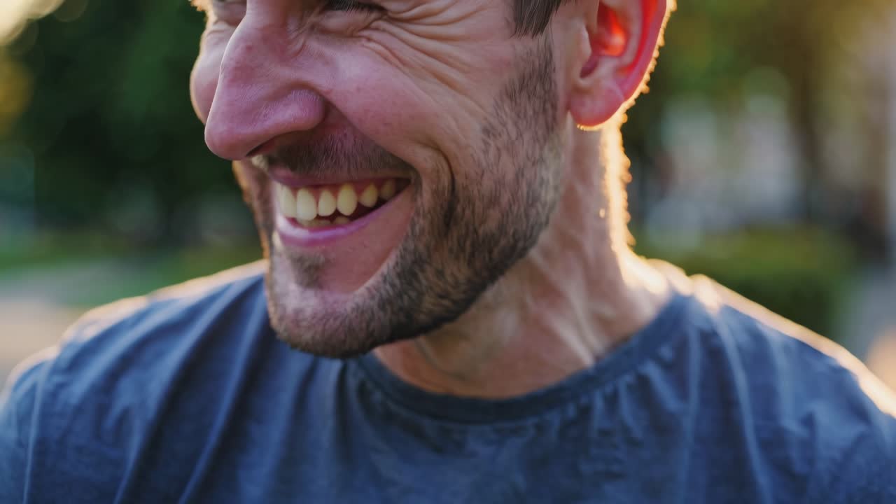 Primo piano di un fotogramma video di un uomo sorridente all'aperto, ripreso all'altezza degli occhi