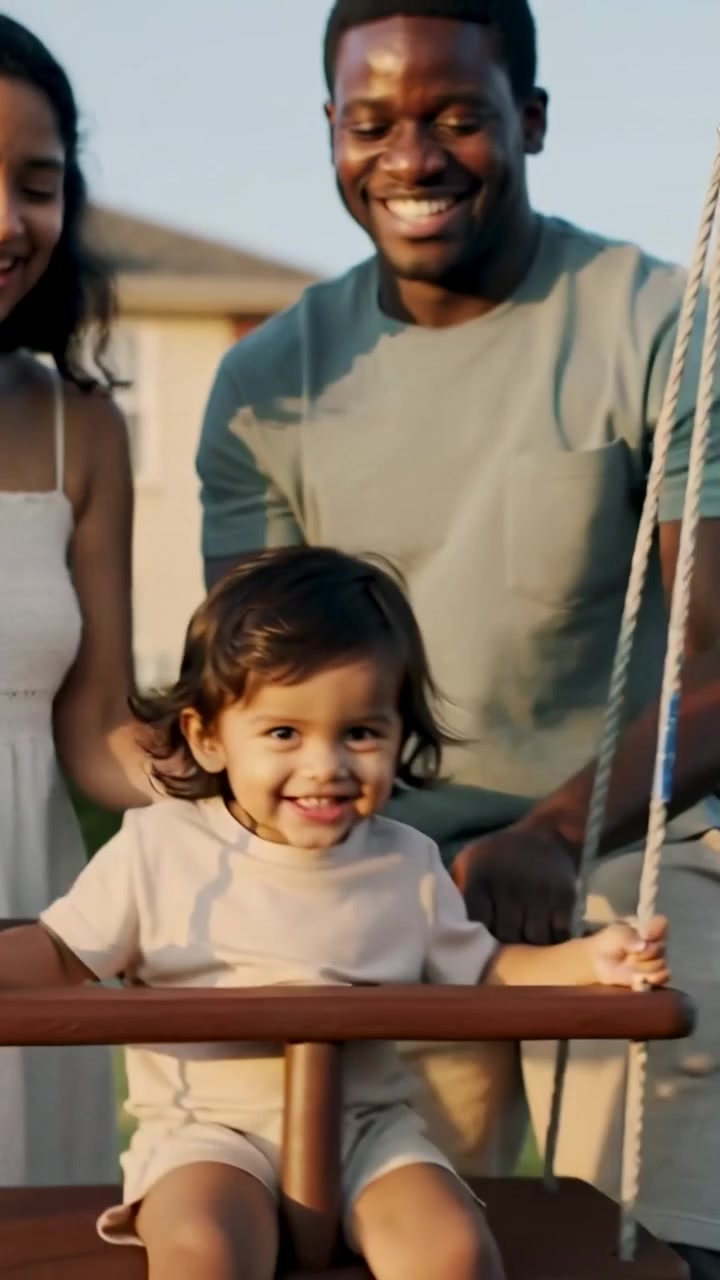Video verticale: Papà che spinge, mamma in abito bianco che tiene una corda, bambino piccolo che tiene una sbarra, che giocano in giardino